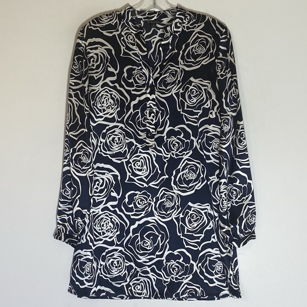 Brooks Brothers Top Womens Small Blue White Floral Silk Button Up Classy V Notch